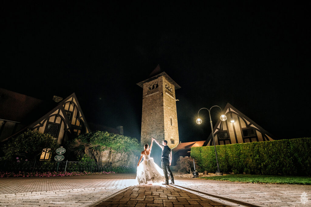 Castle tower framing by Connecticut castle wedding photographer Bruno Sauma