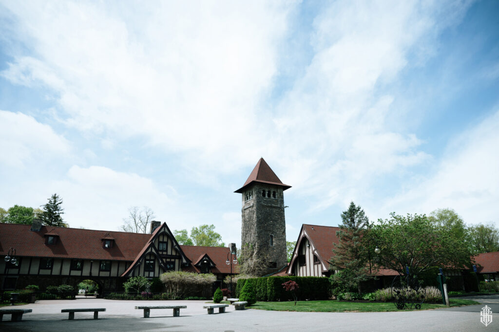 Connecticut castle wedding photographer captures dramatic castle exterior at Saint Clement's Castle, Portland CT