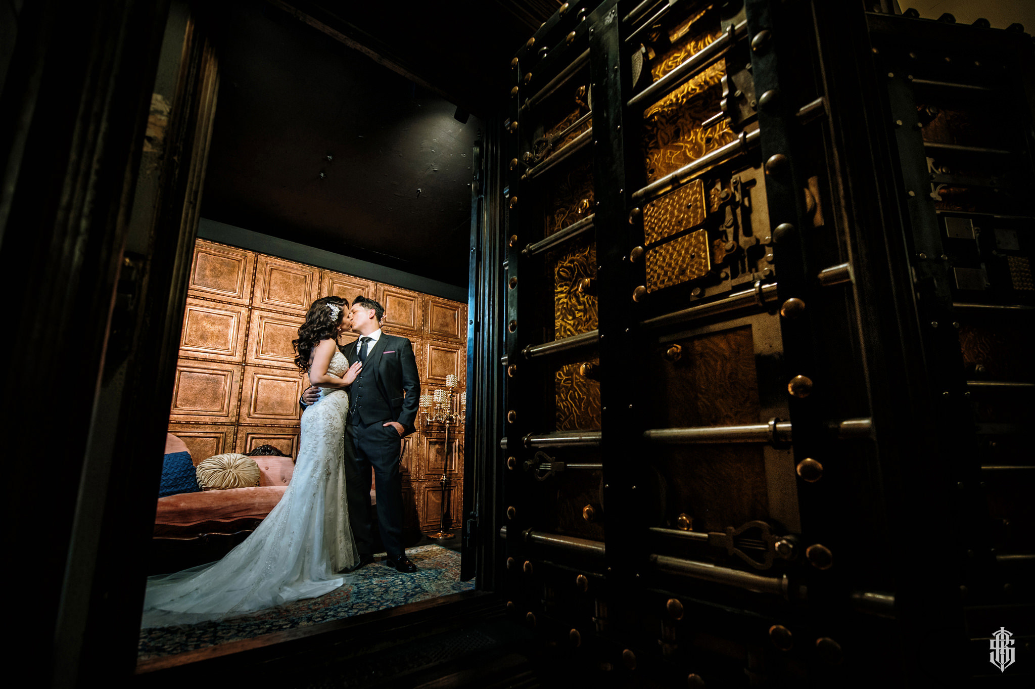 Mezzanine balcony couple portrait at The Society Room of Hartford