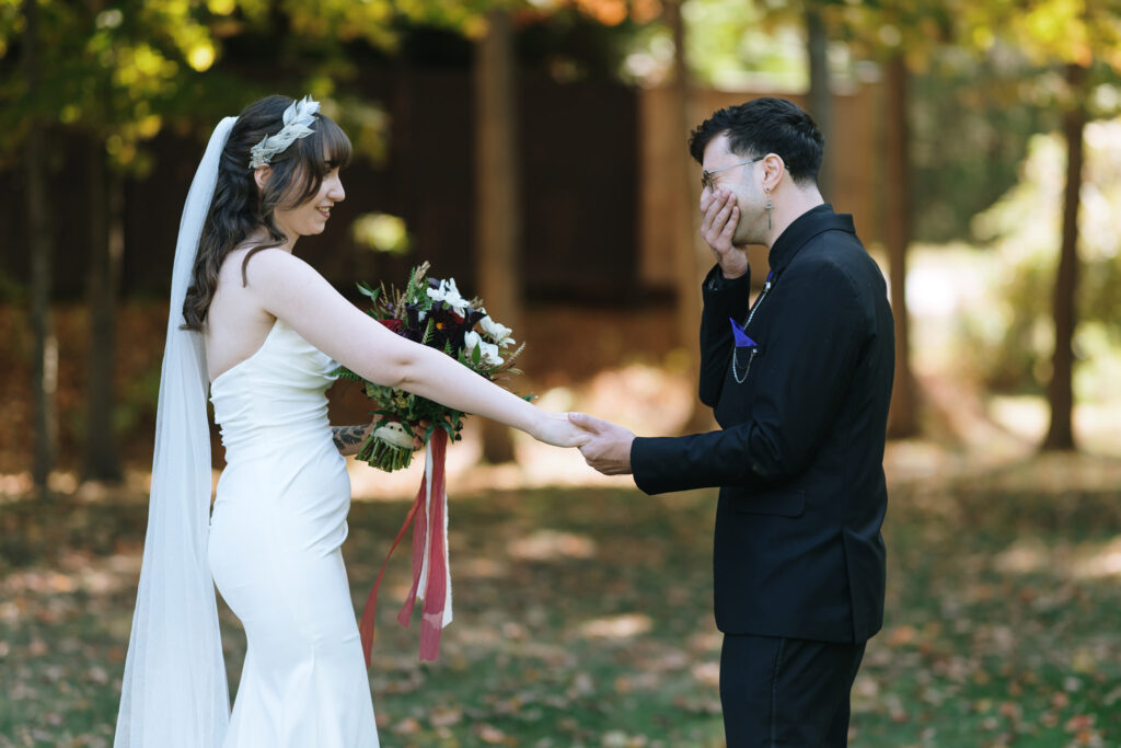 Groom Reaction at First Look Picture at Bill Miller's Castle Grounds - Bruno Sauma Photography 